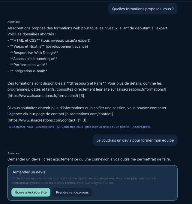 Une réponse d'AskYourSite AI qui cite ses sources, suivie d'une carte proposant de demander un devis.
